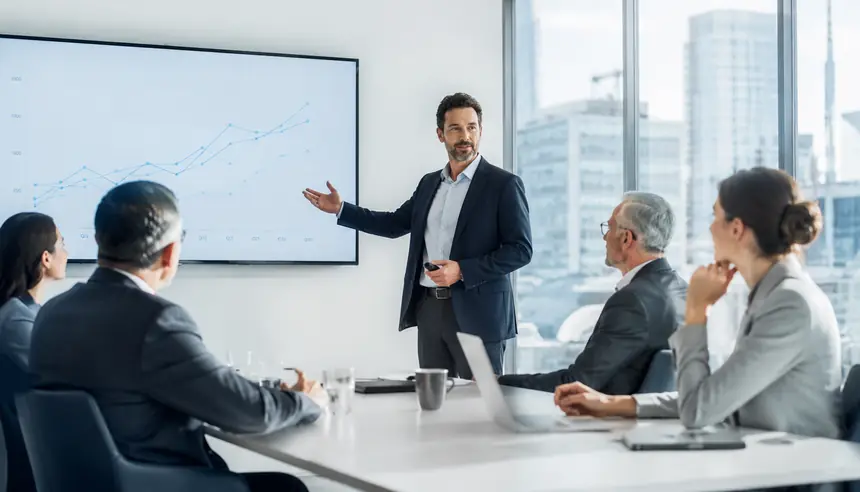 Investment review meeting in a modern boardroom