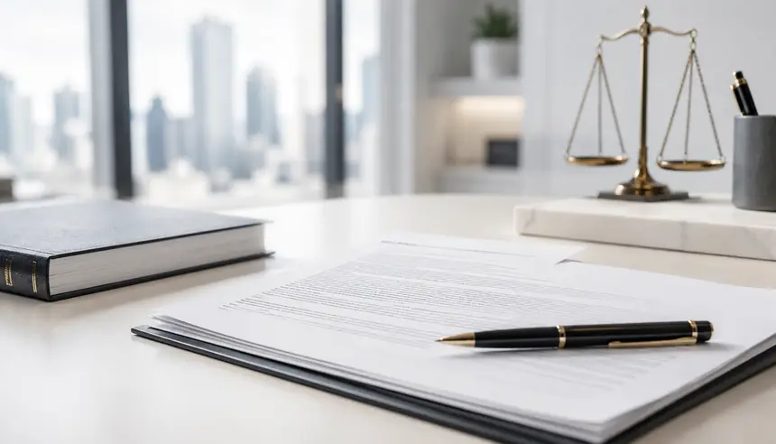 Legal documents, pen and scales in a modern office