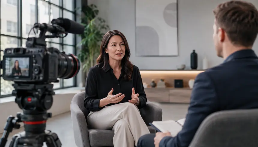 Professional media interview being recorded in a studio