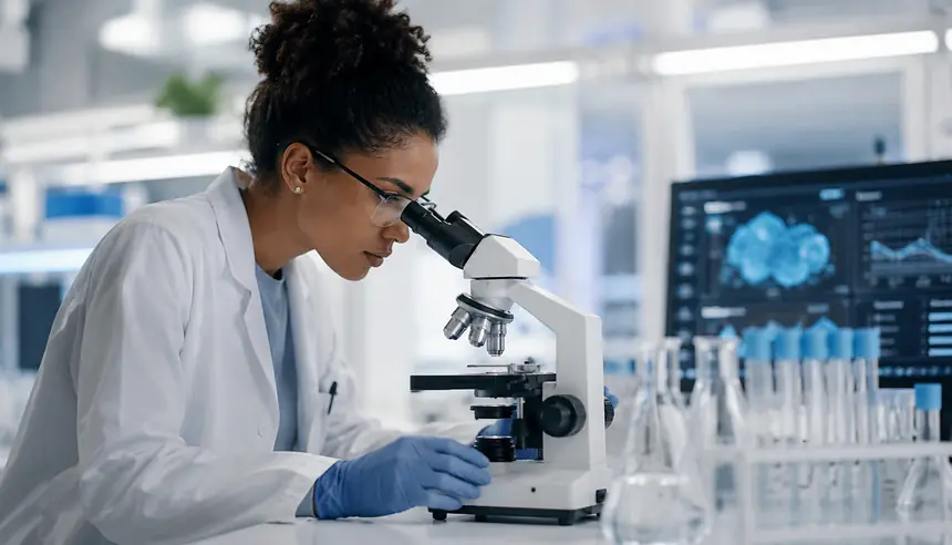 Research scientist working with a microscope
