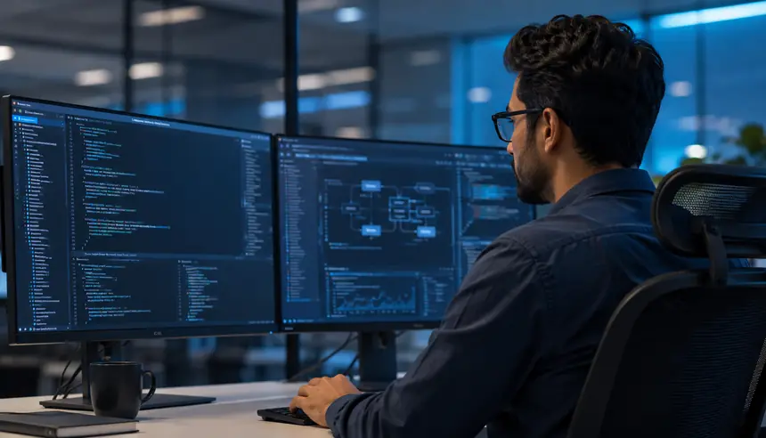 Technical reviewer examining software systems on multiple displays