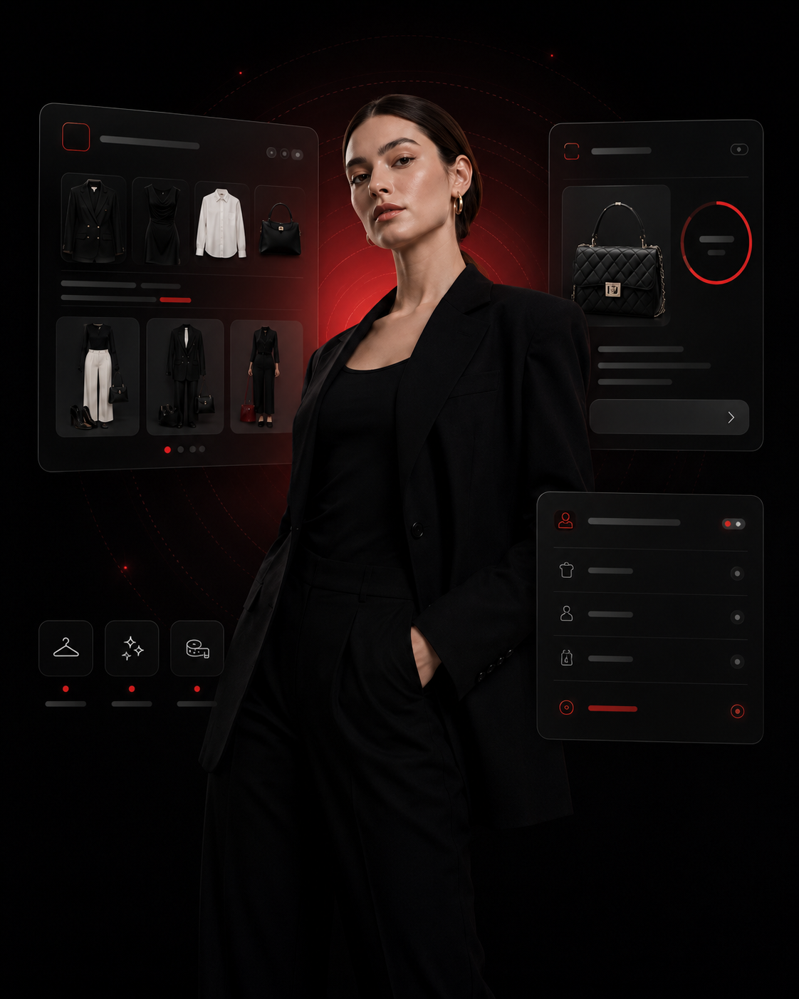 Maz Style fashion interface visual with a model and abstract wardrobe, style, and size UI cards