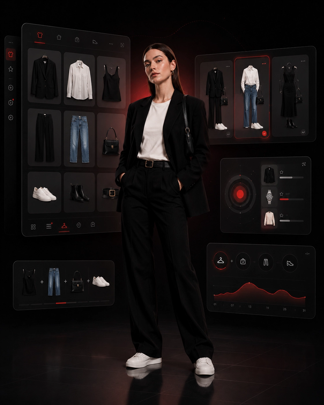 My Closet digital wardrobe interface with fashion model and outfit recommendation UI cards