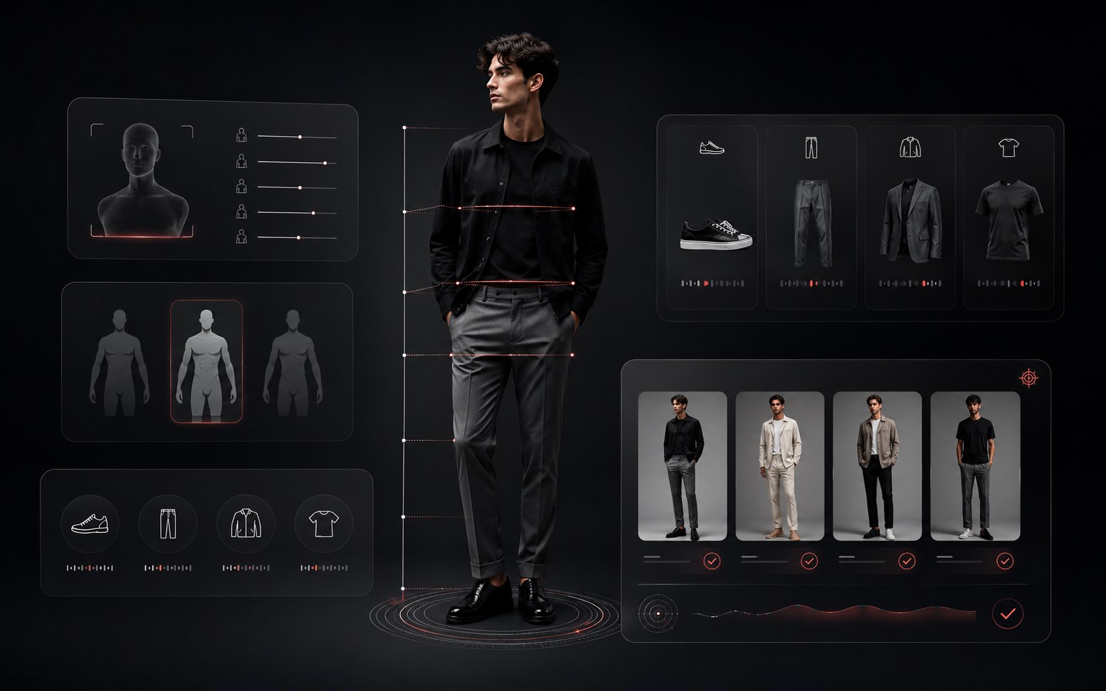 My Size interface visual showing body measurements, category sizing, fit preferences, and size-aware product recommendations