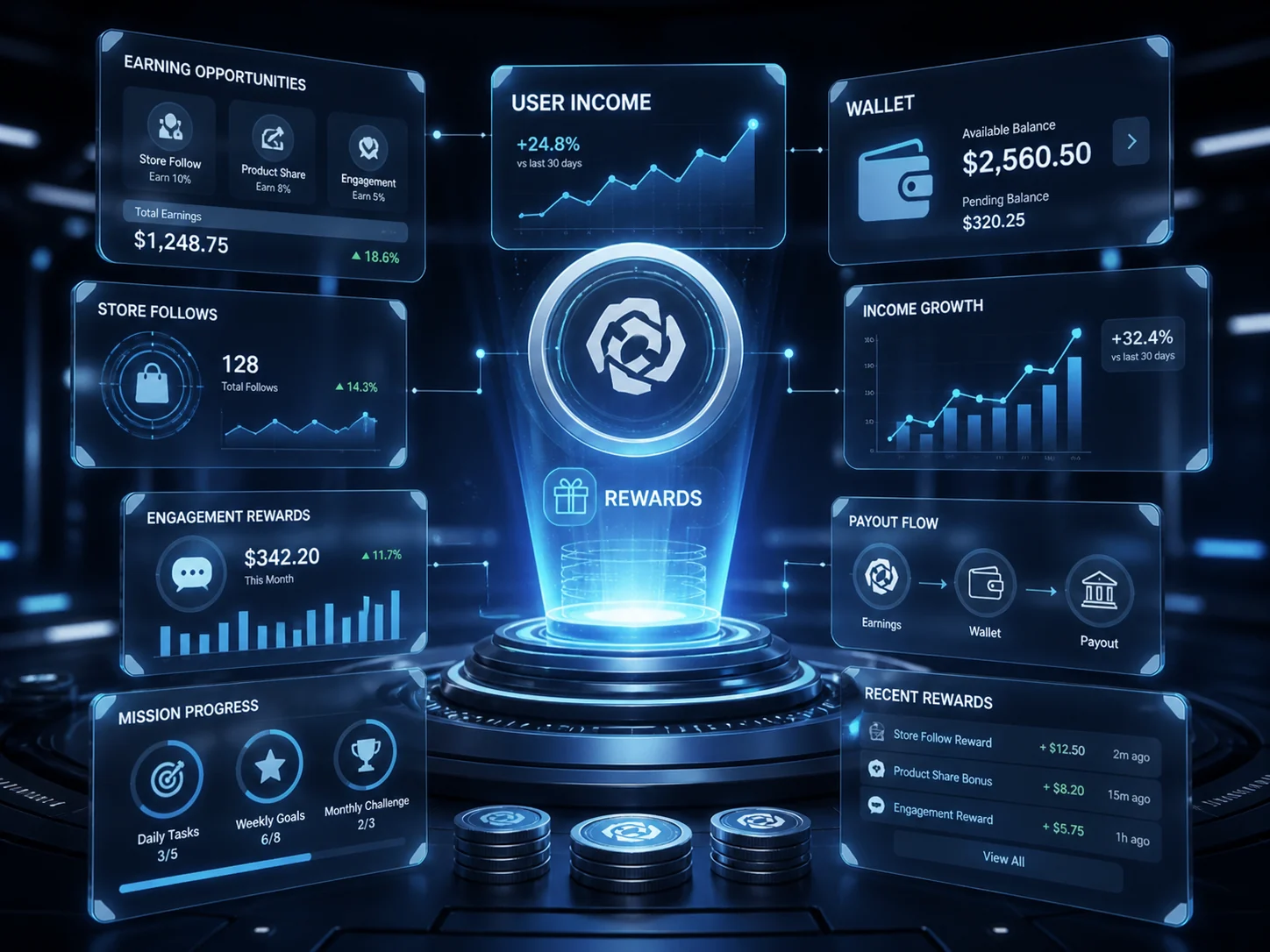Futuristic user income dashboard showing rewards, wallet, earnings, and payout flow