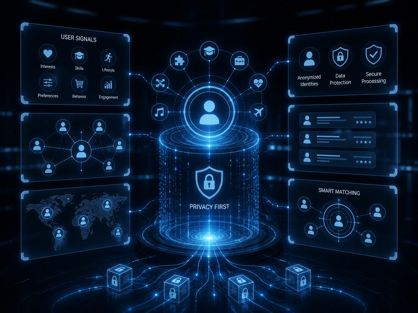 Privacy-first user data and smart matching interface with secure processing