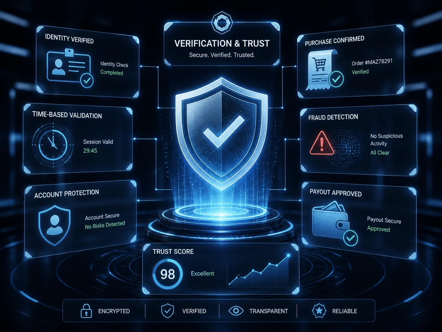 Verification and trust interface with identity checks, fraud detection, payout approval, and trust score