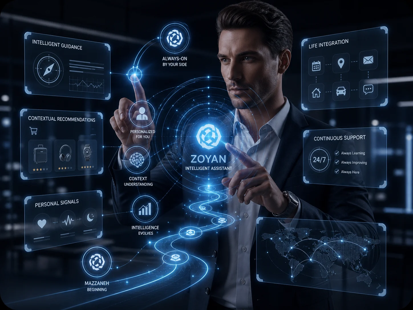 Zoyan intelligent assistant path with holographic guidance and life integration panels