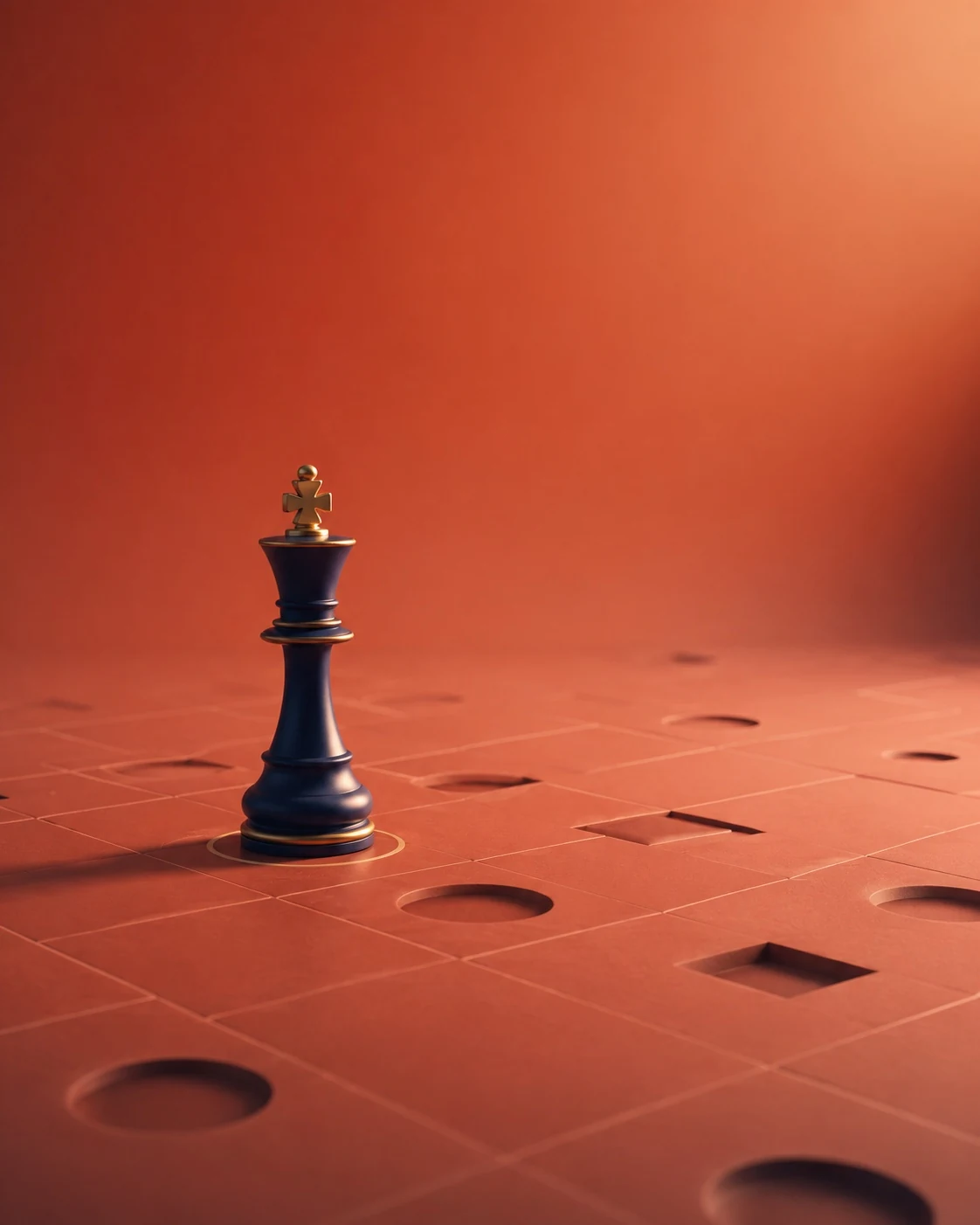 A single chess king on an abstract orange strategic board