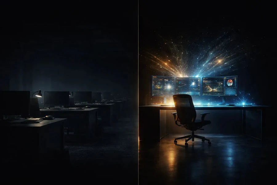 Dark technical review room with multi-monitor workstations