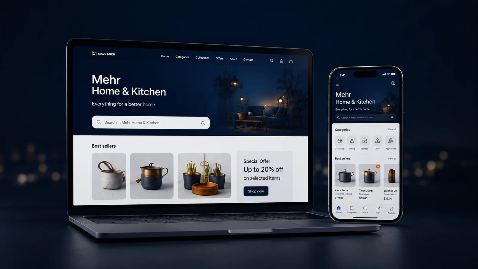 Premium home and kitchen products on a dark navy background
