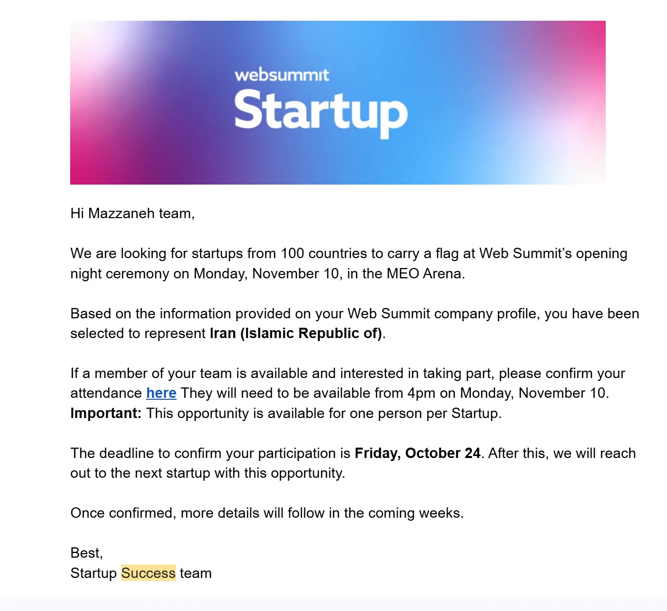 Redacted Web Summit message selecting Mazzaneh to represent Iran in the opening-night flag ceremony