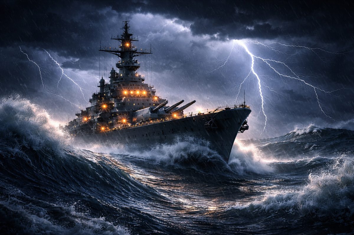 Battleship navigating storm — Crisis-proven resilience