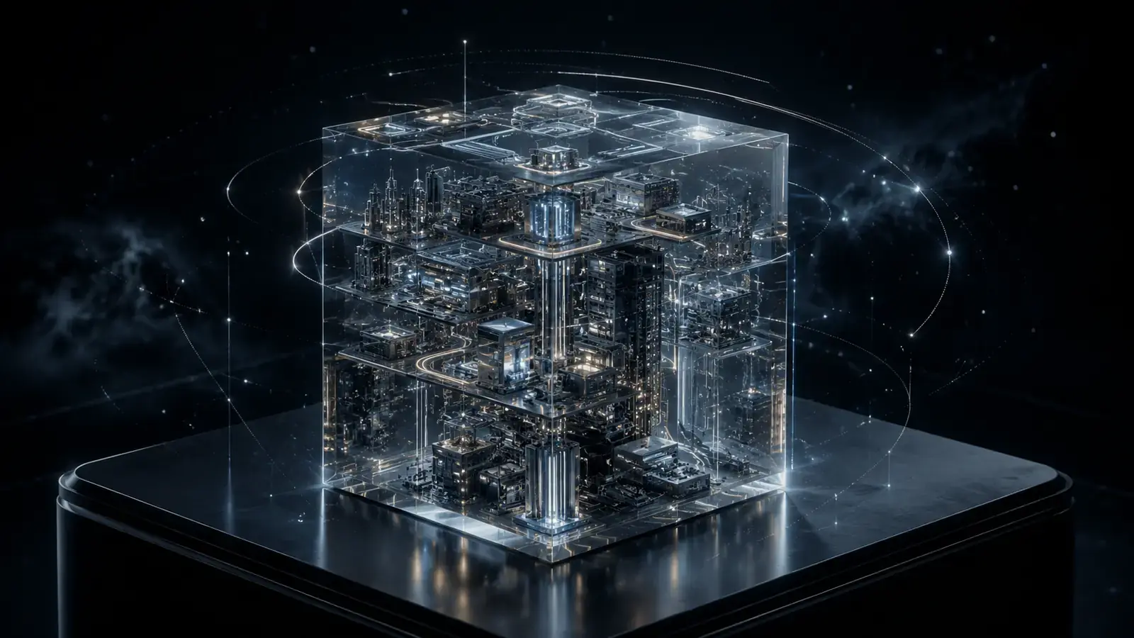 A compressed futuristic organization inside a transparent crystal cube representing asset compression