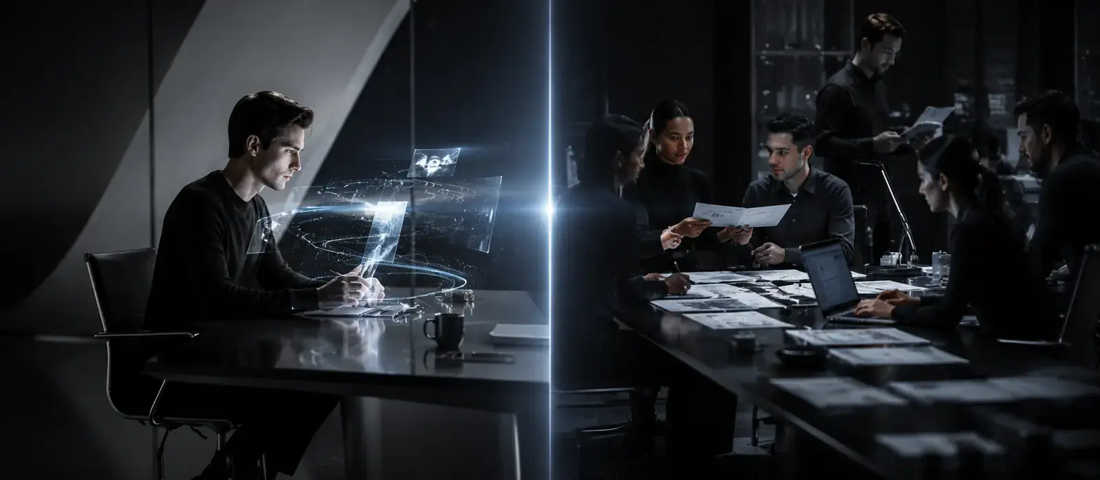 Split cinematic scene showing AI collaboration contrasted with human delegation
