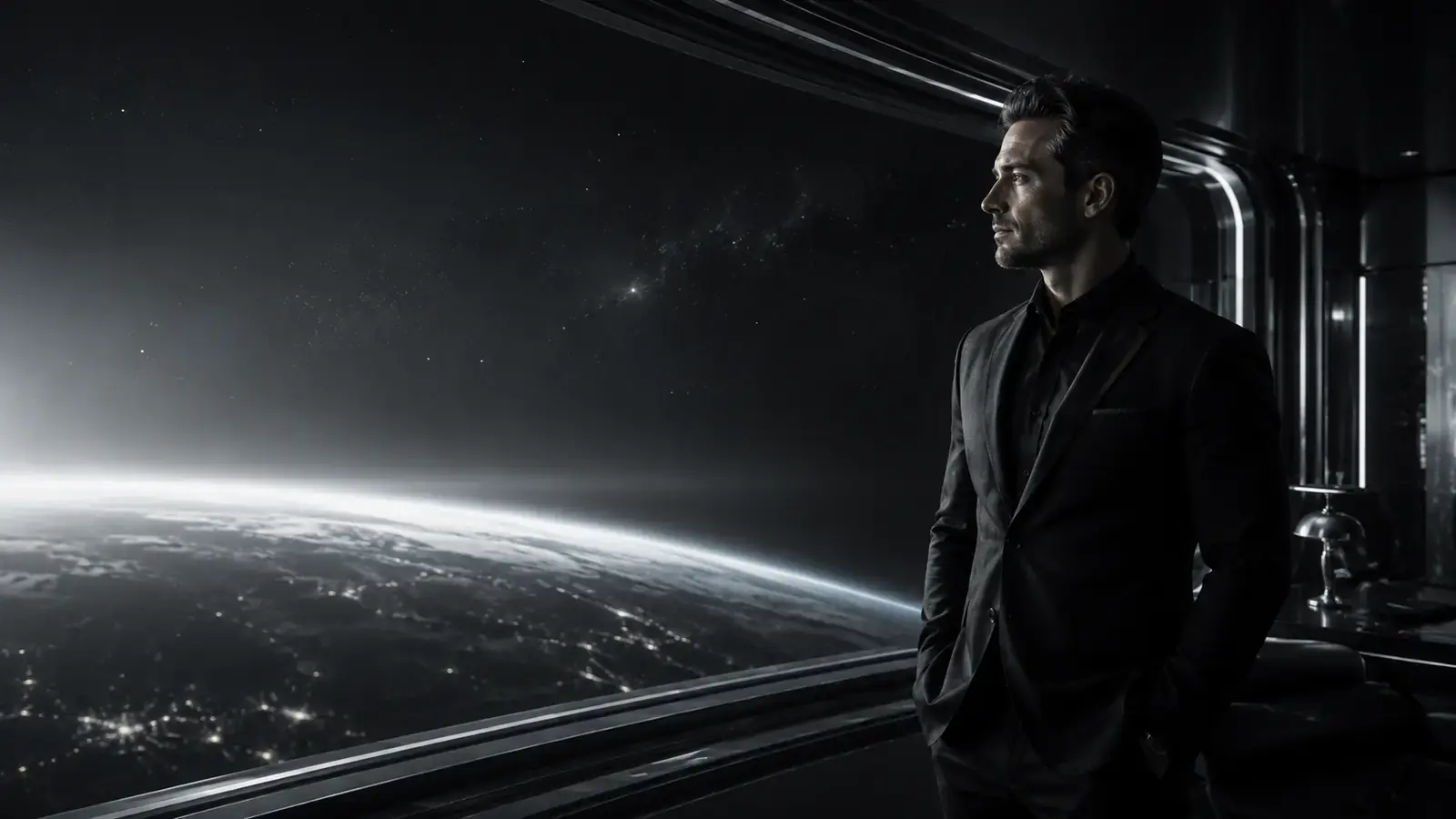 Portrait of a solo founder in a futuristic observation deck representing single origin formation
