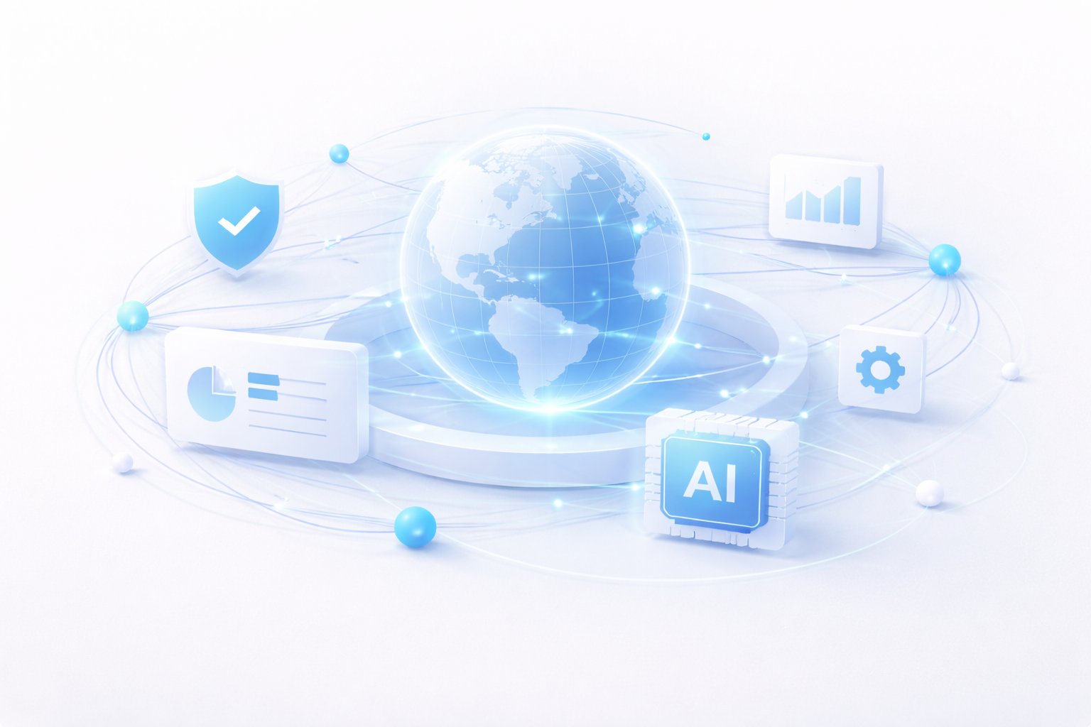 Global AI infrastructure visualization with shield, AI chip, analytics, and configuration nodes orbiting a glowing globe — representing planet-scale energy optimization