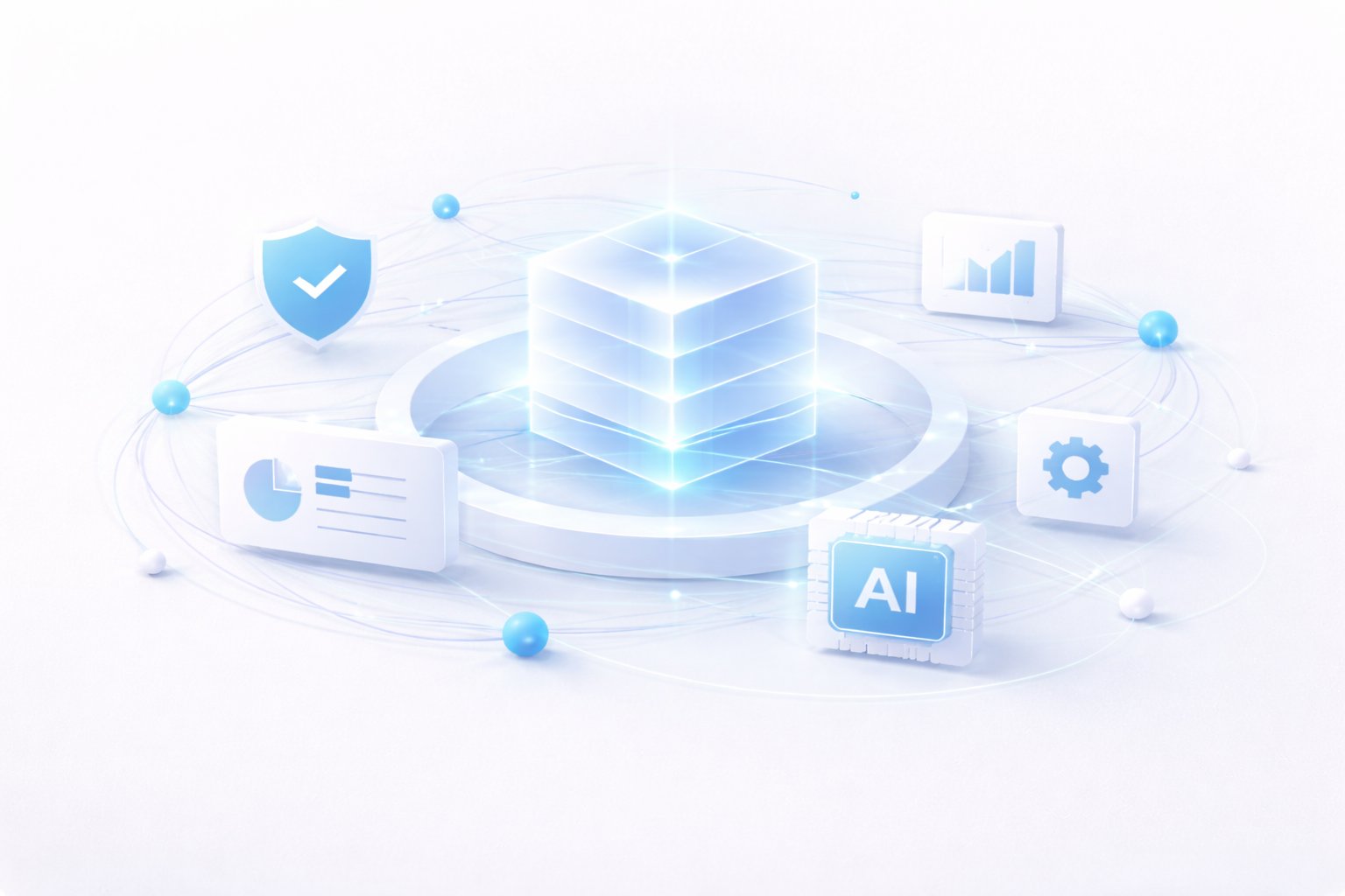 GPU Sentinel — secure AI infrastructure visualization with shield, AI chip, analytics, and configuration nodes orbiting a central data structure