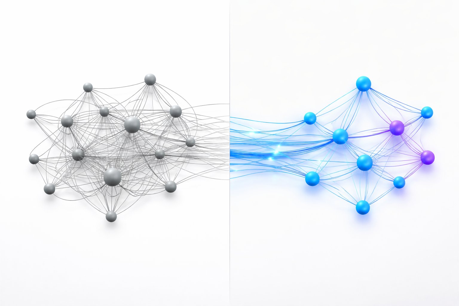 From chaos to structured intelligence — a tangled gray network on the left transforms into an organized blue network on the right, illustrating the LLM Architecture frameworks